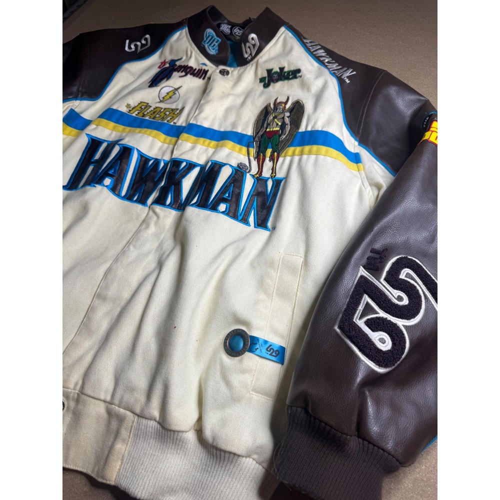 DC Comics Lot 29 Hawkman Super Powers Varsity Jacket Brown Cream Mens 2XL Vtg